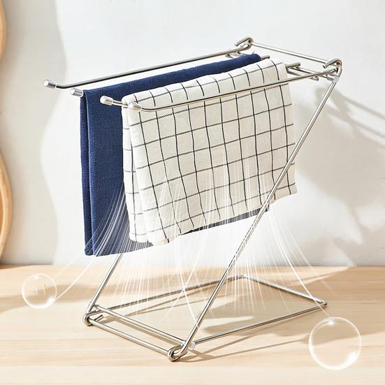 Kitchen Towel Holder Stainless Steel Dish Rag Washcloth Holder 4-Arm Folding Free Standing Hand Towel Drying Rack for Kitchen Countertop Bathroom