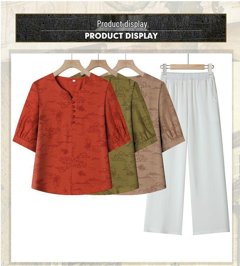 Ethnic Style Cotton Linen Two-Piece Set for Elderly Women - T-Shirt & Pants Summer Outfit