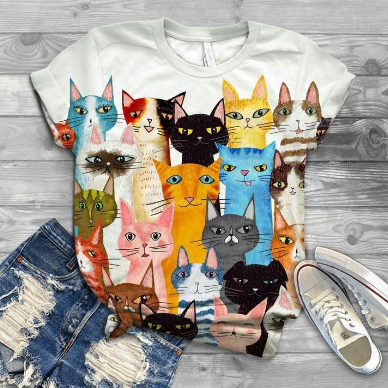 Summer Round Neck 3D Retro Cat Pattern Print Top Fashionable Casual Short Sleeved Women's T-shirts
