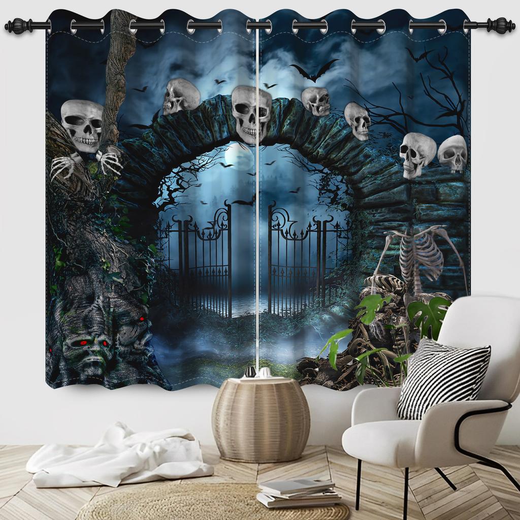 2pcs/set Horror Halloween Window Curtain Night Gate Skeleton Home Bedroom Living Room Decor Blackout Polyester Fabric Curtains