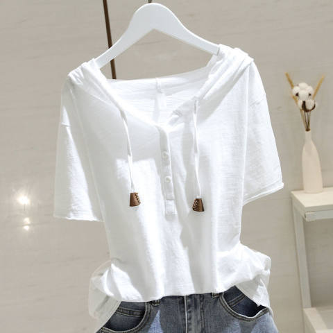 Unisex Hooded Short Sleeve Top Loose Fit Casual Hoodie Solid Color Drawstring Button Front Milk Silk Summer Basic Tee
