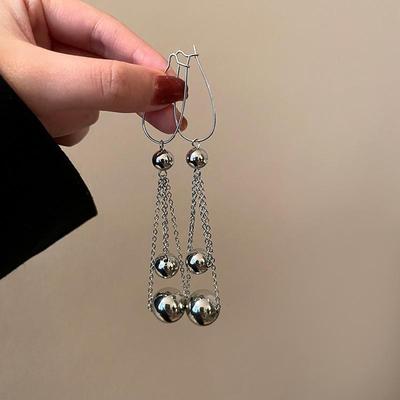 Orecchini Pendenti Lunghi con Nappa e Perline Rotonde in Argento S925 - Stile Giapponese e Coreano, Trendy Minimalista di Lusso per Donna