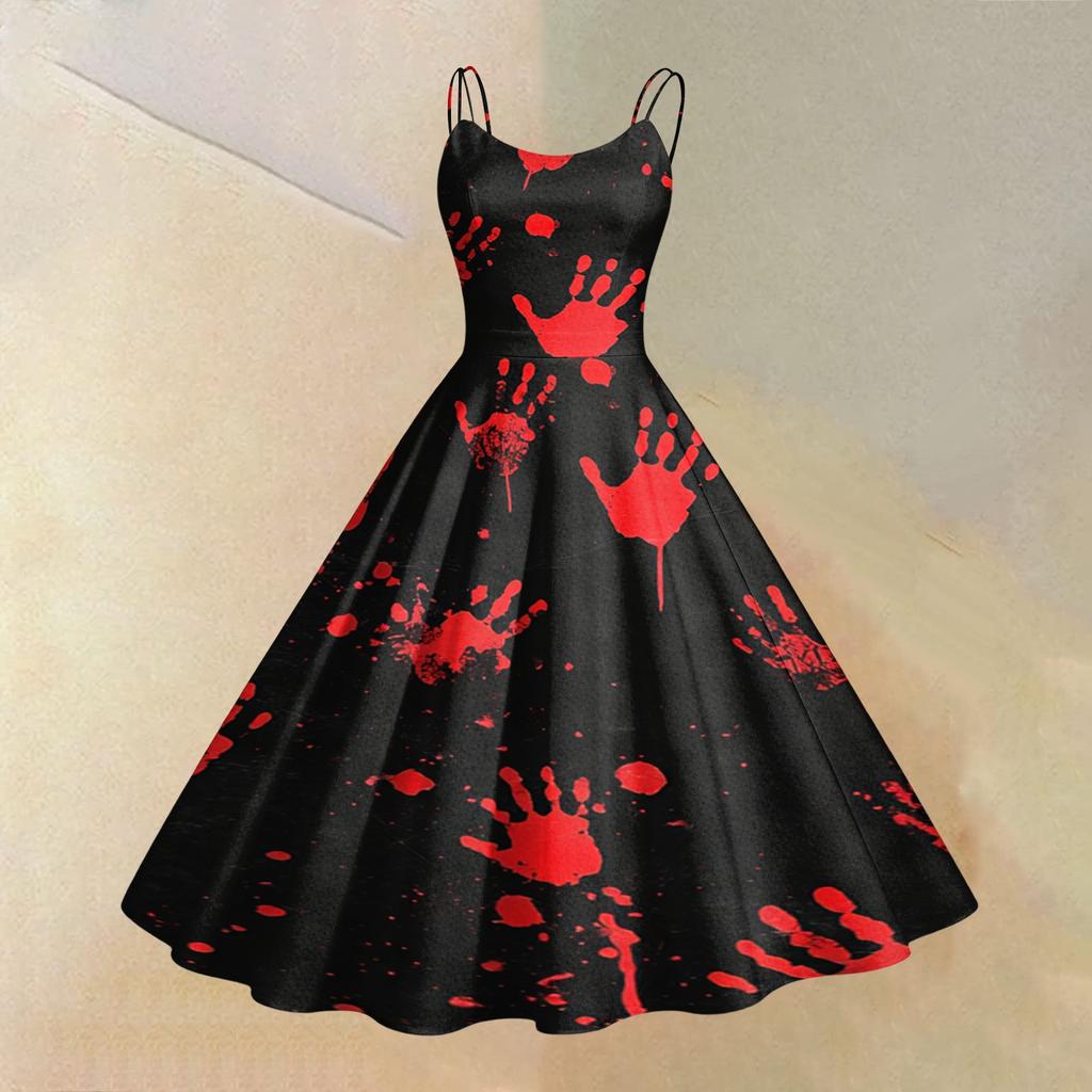 Women's Casual Round Neck Sleeveless Dress with Halloween Print for Party and Daily Wear