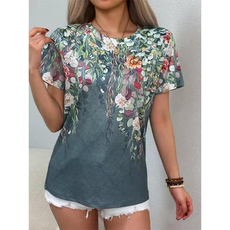 Casual Women's Short Sleeve Tops Colorblocking Floral 3D Print Round Neck Tops Fashion Short Sleeve T Shirt Women's Clothing