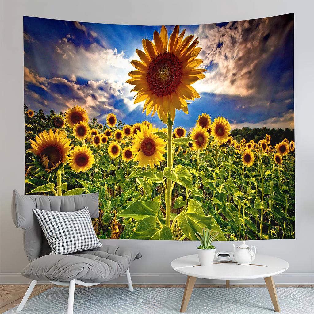 Sunset Sunflowers Field Tapestry Warm Yellow Floral Plant Tapestry Home Living Room Bedroom Dorm Wall Hanging Decorative Blanket