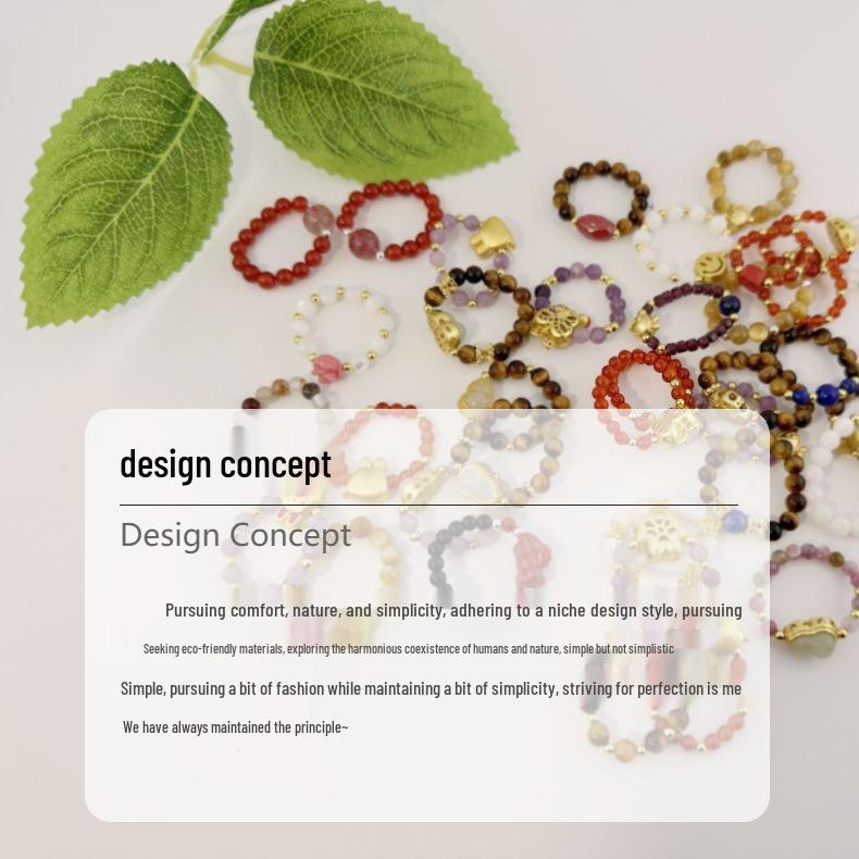 Natural Green Water Agate Beaded Ring - Elastic Cord, Crystal Stone, Niche Chinese Style