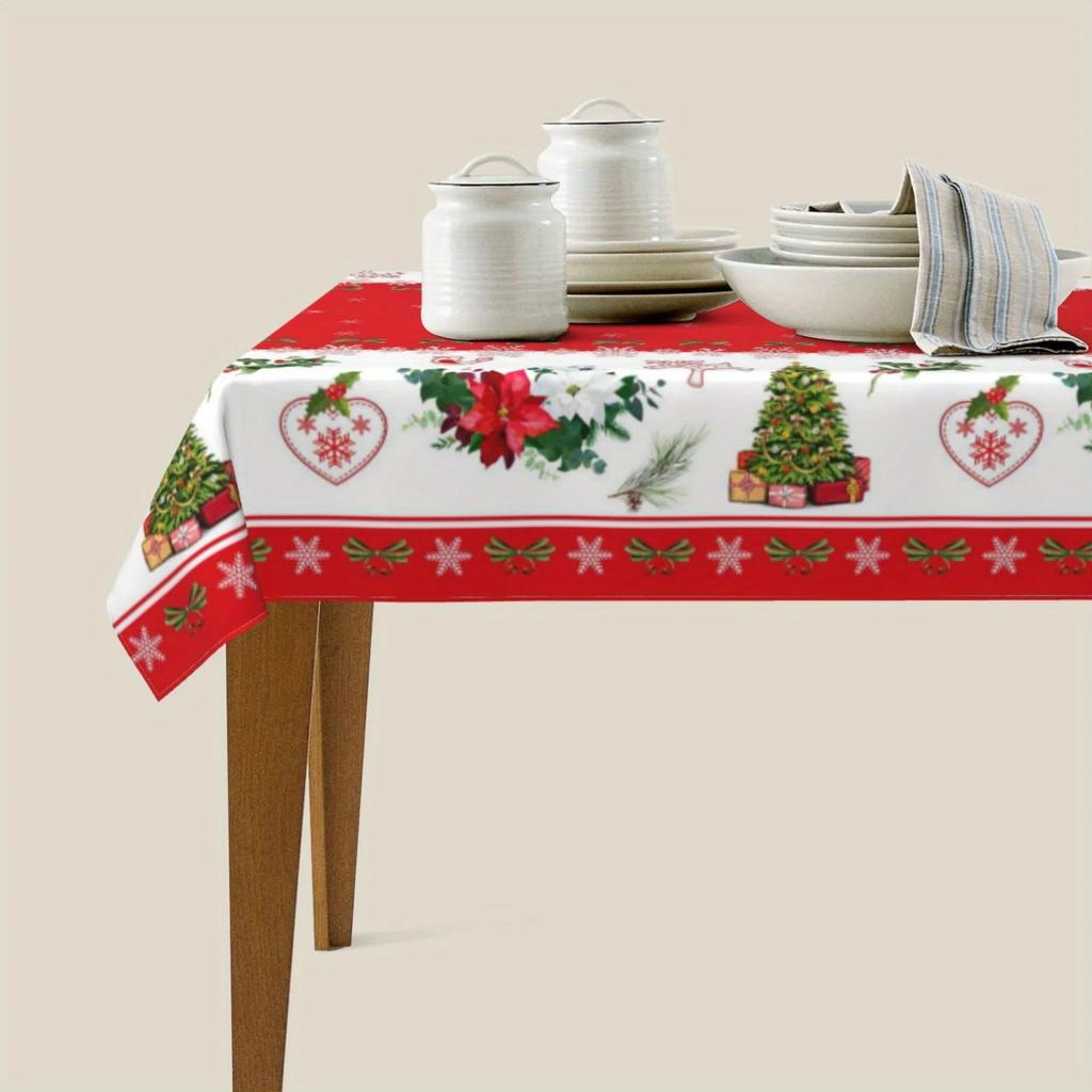 Christmas Red with Christmas Tree Rectangle Tablecloth Holiday Party Decor Waterproof Tablecloth for Table Christmas Decorations