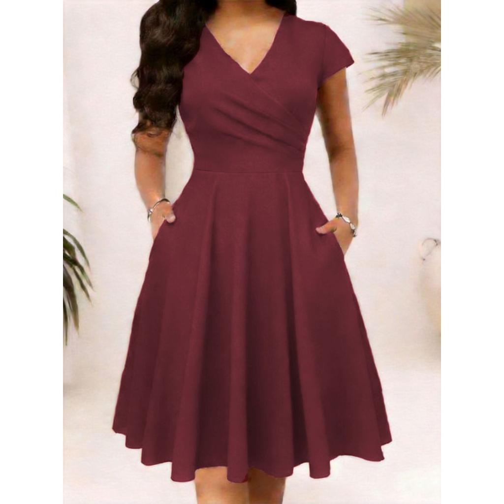 Summer V-neck Pocket Short Sleeve Printed Long Elegant Dress for Women European American Style