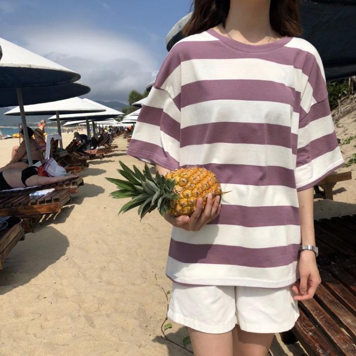 

2022 Корейская летняя футболка Harajuku в полоску свободного кроя с круглым вырезом и коротким рукавом для женщин