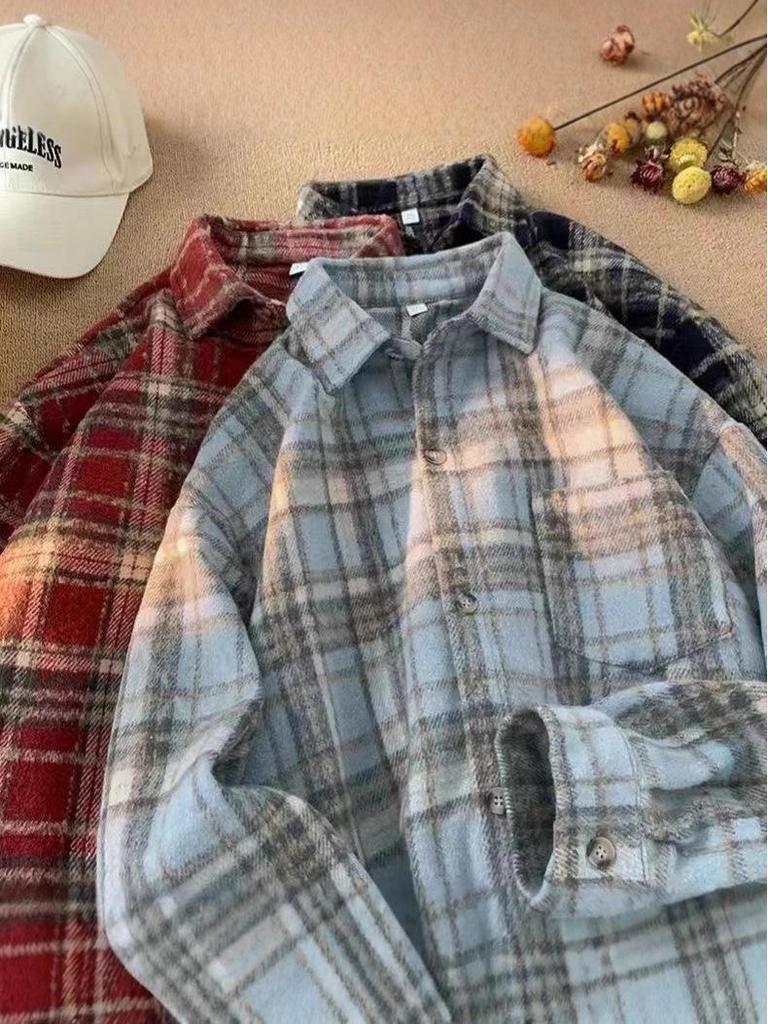 Women's Retro Plaid Wool Shirt - Autumn/Winter, Loose Fit, Long-Sleeves, Unisex Outerwear