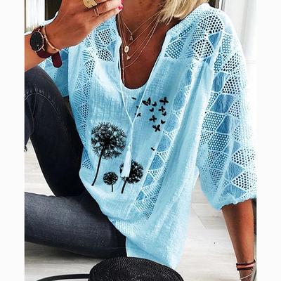 Letná Voľná Potlačená Patchworková Nadmerná Veľkosť Košeľa Dámska s U-výstrihom Polovičný Rukáv Čipkovaná Blúzka s Výrezmi Dámske Elegantné Módne Vintage Dámske Košele Top 24550