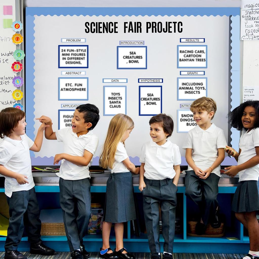 92 Pcs Science Fair Board Supplies 60 Trim Scalloped Poster Boards 18 Presentation Subtitles 6 Project Titles 8 Letter Sticker for Classroom Display