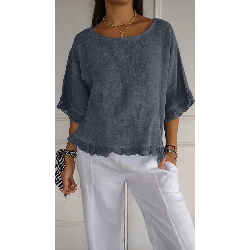 Women's Casual Loose Fit Cotton Linen T-Shirt with Frayed Hem