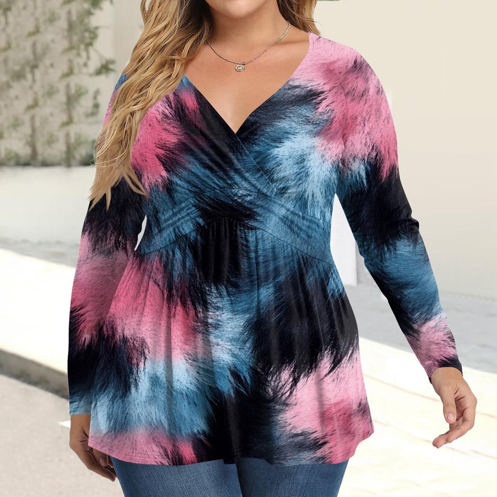 Women's Plus Size Shirt Long Sleeve  Print Top Pleated Casual V-Neck Top