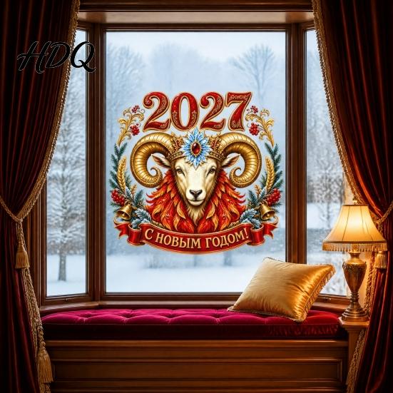 Electrostatic Adsorption Clings 2027 Year Sheep Window Decal Russian Happy New Static Sticker Zodiac Kitchen Bathroom Wall Art Goat Glass