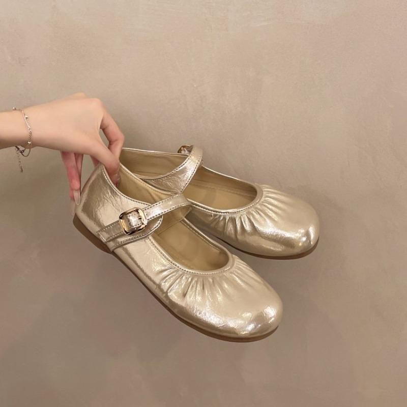 Fashion Soft Sole and Soft Face Metal Slip Strap Single Shoes Women's Fashion Round Toe Shallow Mouth Pleated Non-Slip Flats