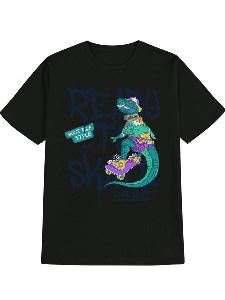 Casual Graphic T-shirt with Dinosaur Skateboard & "READY to SKATE" Print - Black Round Neck Summer Tee