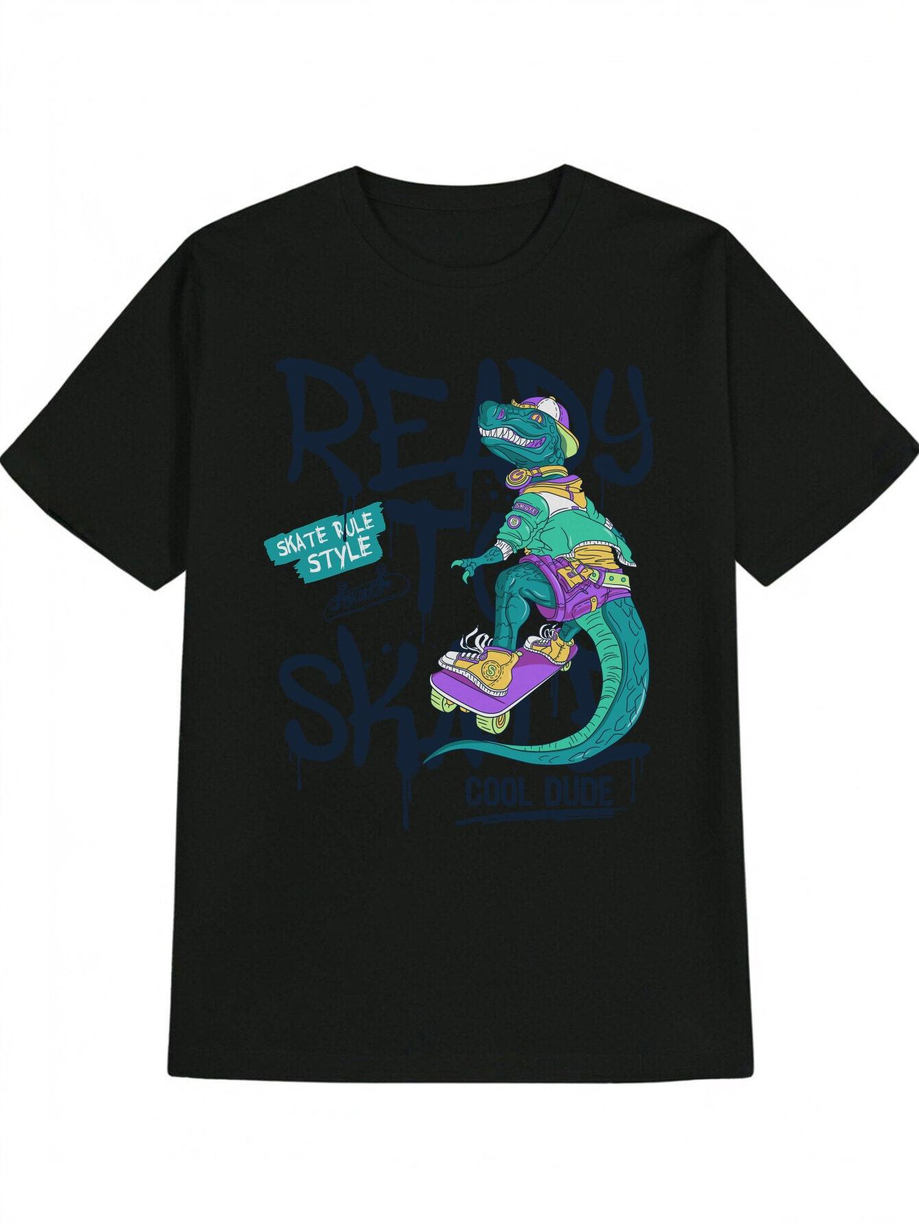 Casual Graphic T-shirt with Dinosaur Skateboard & READY to SKATE Print - Black Round Neck Summer Tee S
