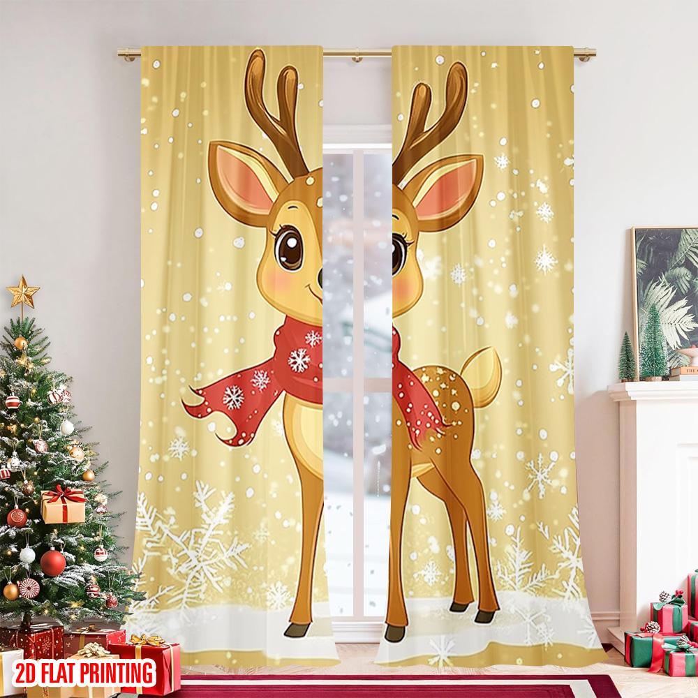 2pcs 2D Flat Printing Christmas Window Curtains Cute Cartoon Reindeer (2 100% Polyester Without Electricity Family Party for