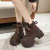 Women Autumn Winter Leather Ankle Boots 9CM Chunky Heels Motorcycle Boots Woman Thick Bottom Lace-up High Platform Short Booties