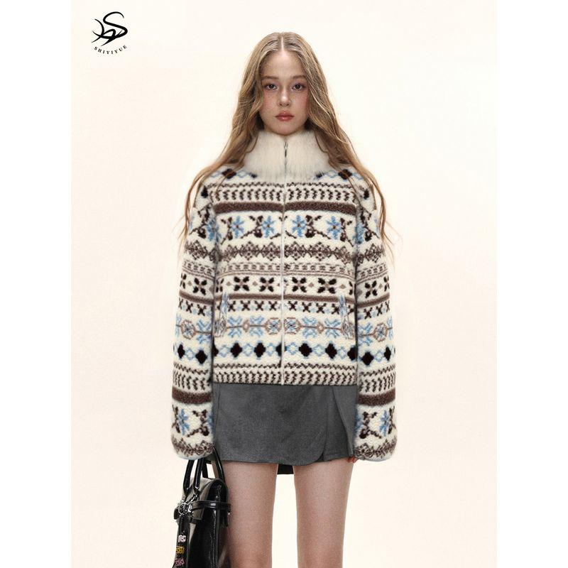 Shiyiyue Fair Isle Fur Collar Coat for Women, Autumn and Winter Vintage Loose Furry Thickened Slimming Warm Top