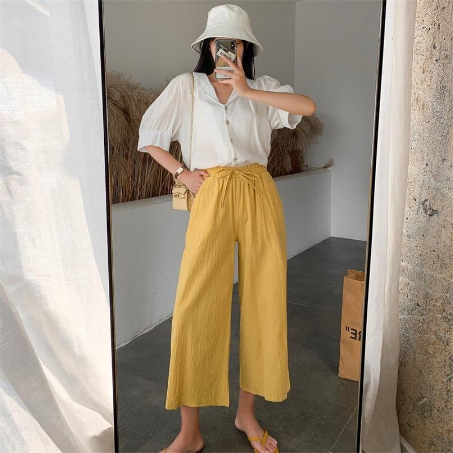 Women Summer Autumn Cotton Linen Pants High Waist Solid Color Wide Leg Cropped Pants