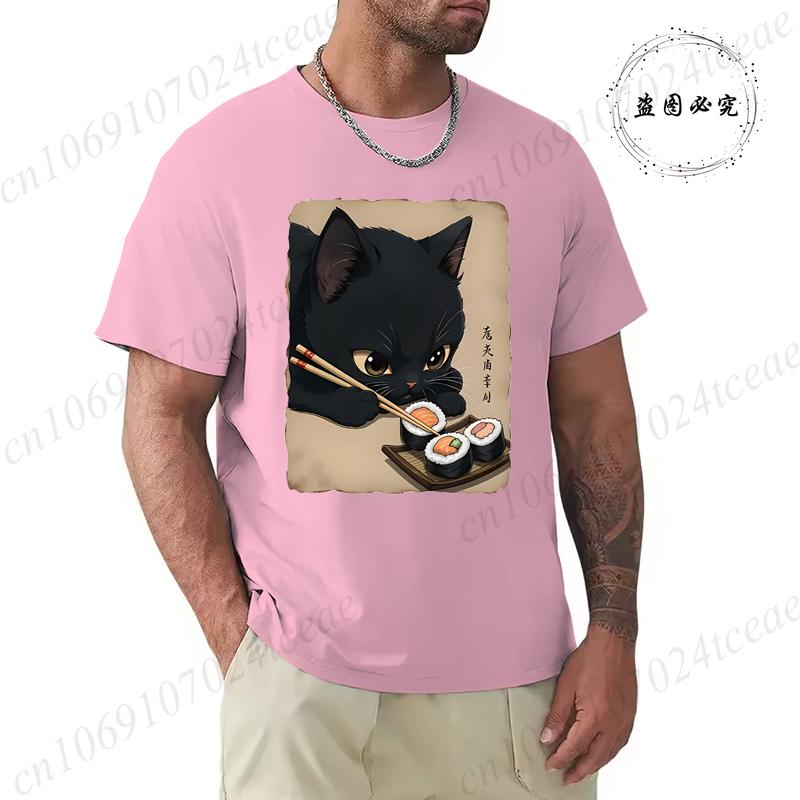 T Shirt for Men Black Cat Sushi Printed Men Fashion Style Design Clothing Anime Cat Cartoon Men TShirt Casual Tees Short Sleeve