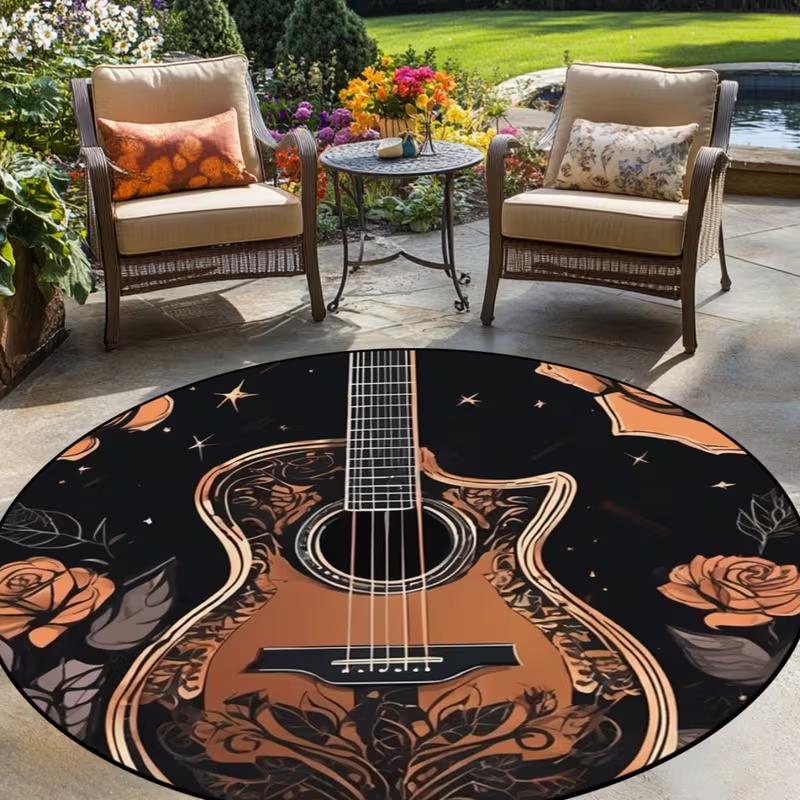 Vintage Vinyl Record Music Lover Print Round Area Rug Colorful Retro Music Instrument Themed Non-Slip Floor Carpet
