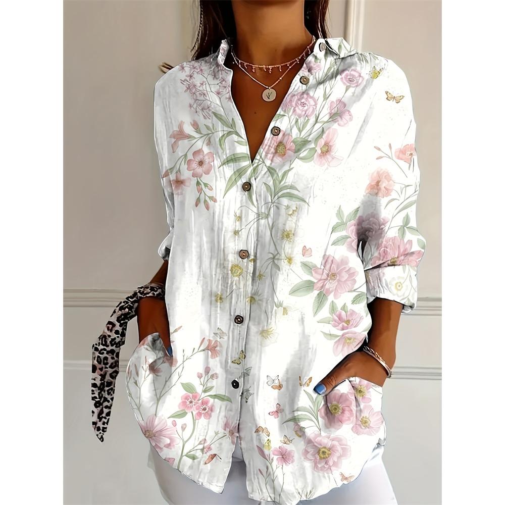Autumn Ladies Casual Shirt Love Heart Printed Loose Blouse V Neck Button Shirt Valentine's Day Shirt For Men And Women
