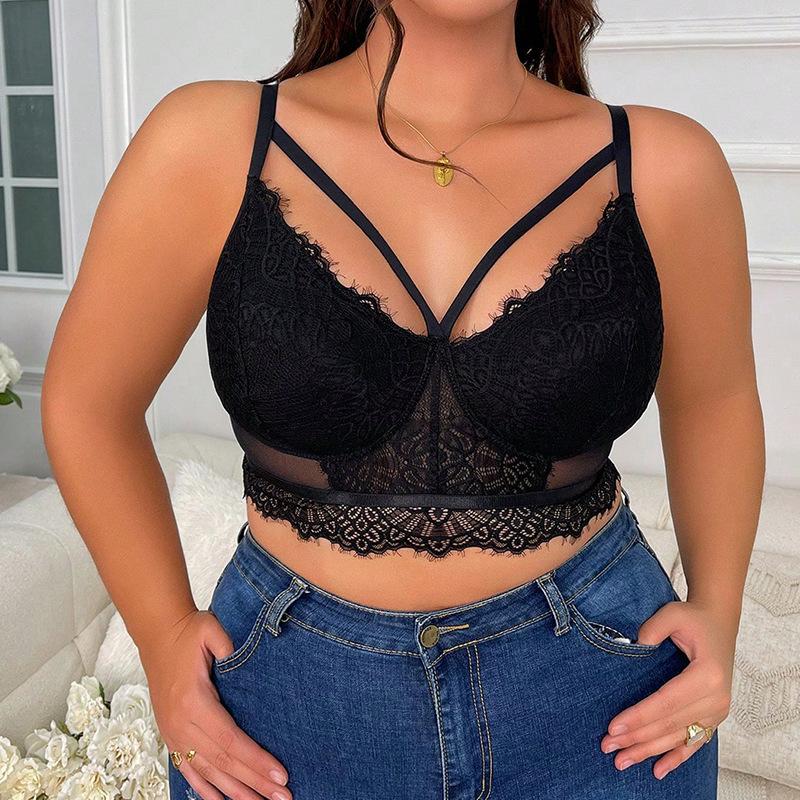 Plus Size Lace Embroidered Mesh Bra Sexy Breathable Underwear For Women XL чёрный