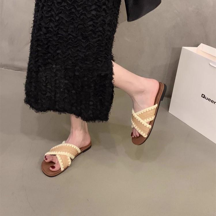 Tkane klapki etniczne z krzyżującymi się paskami, z odkrytymi palcami i płaską podeszwą, na lato dla kobiet, bohemy nadmorskie wakacje, sandały plażowe