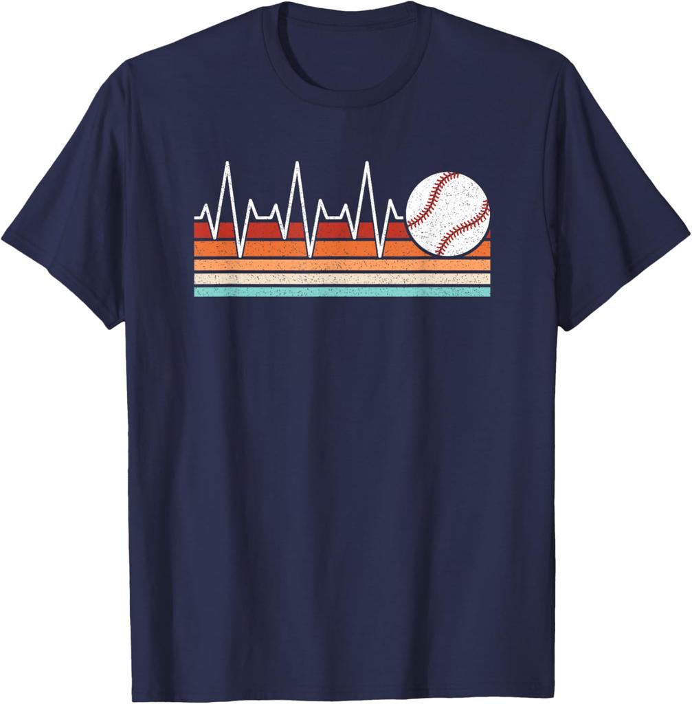 Baseball Heartbeat EKG Life Retro Graphic Tee Breathable Cotton Short Sleeve T-Shirt For Men And Women