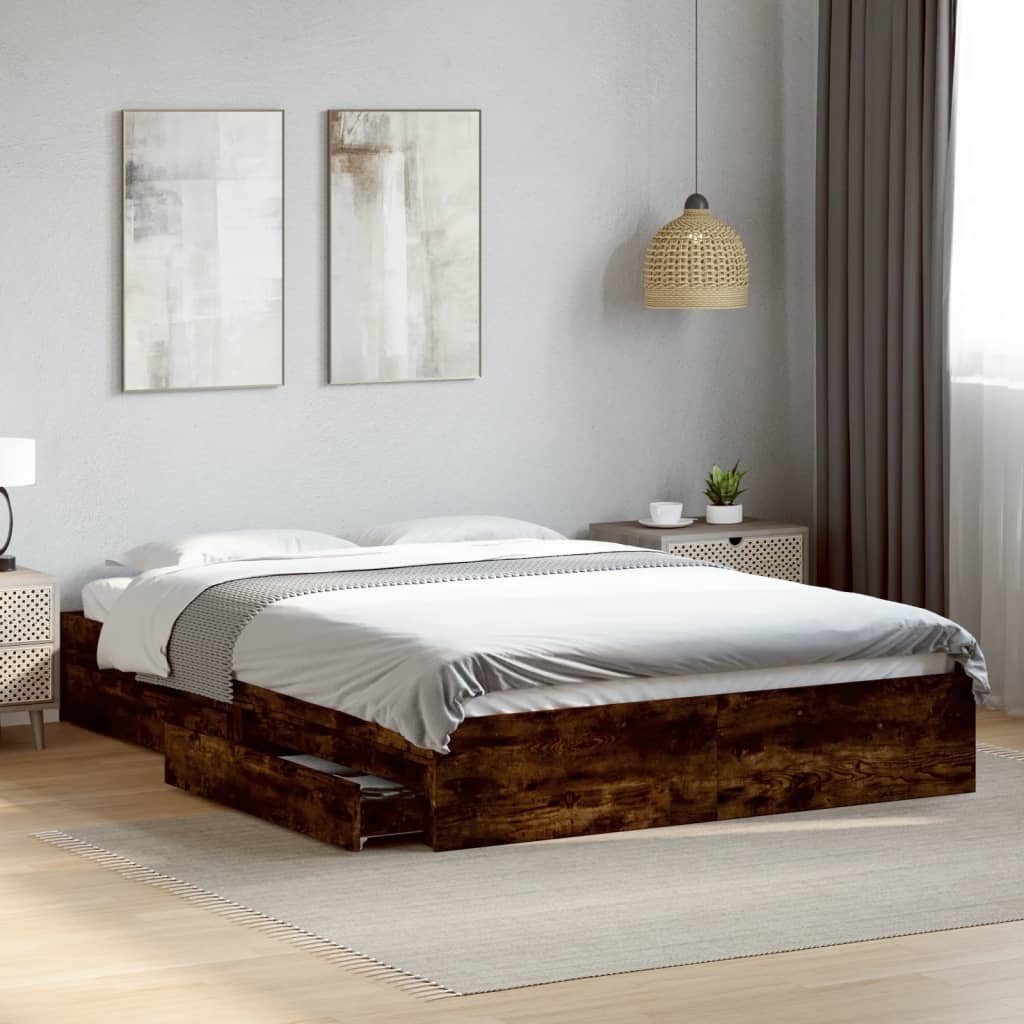 Bed Frame with Drawers Smoked Oak 160x200cm Engineered Wood