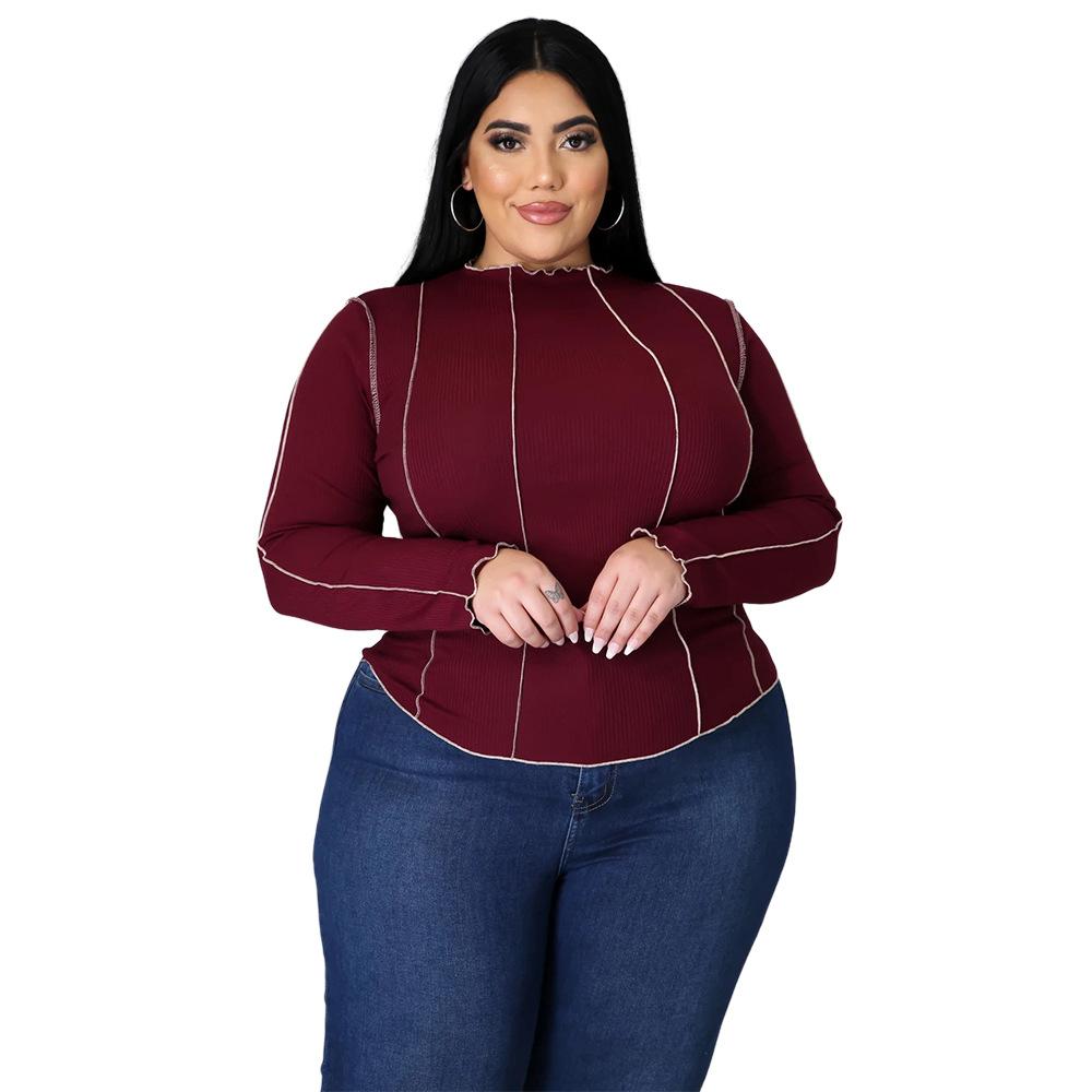 

Модные женские топы больших размеров с однотонными рукавами и обратным краем с цветочным узором 5XL бордовый