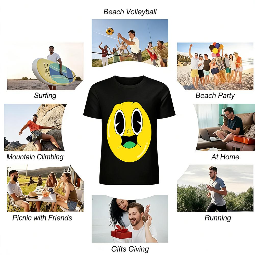 Vintage Cartoon Yellow Face Fun Print Casual T-shirt Unisex Loose Breathable Daily Top Pure cotton T-shirt