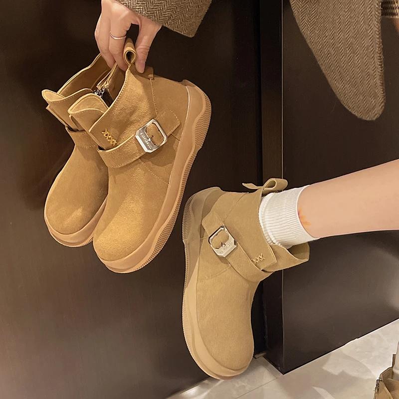 Flats Ankle Women Snow Sneakers Boots Belt Buckle Suede Winter Fashion Women Shoes New 2025 Trend Casual Walking Non Slip Boots