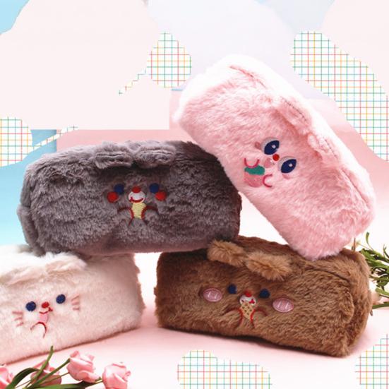 Plush Pencil Case for Girls Large Capacity Cute Bear Pen Bag for Students Fluffy Furry Stationery Pouch for School