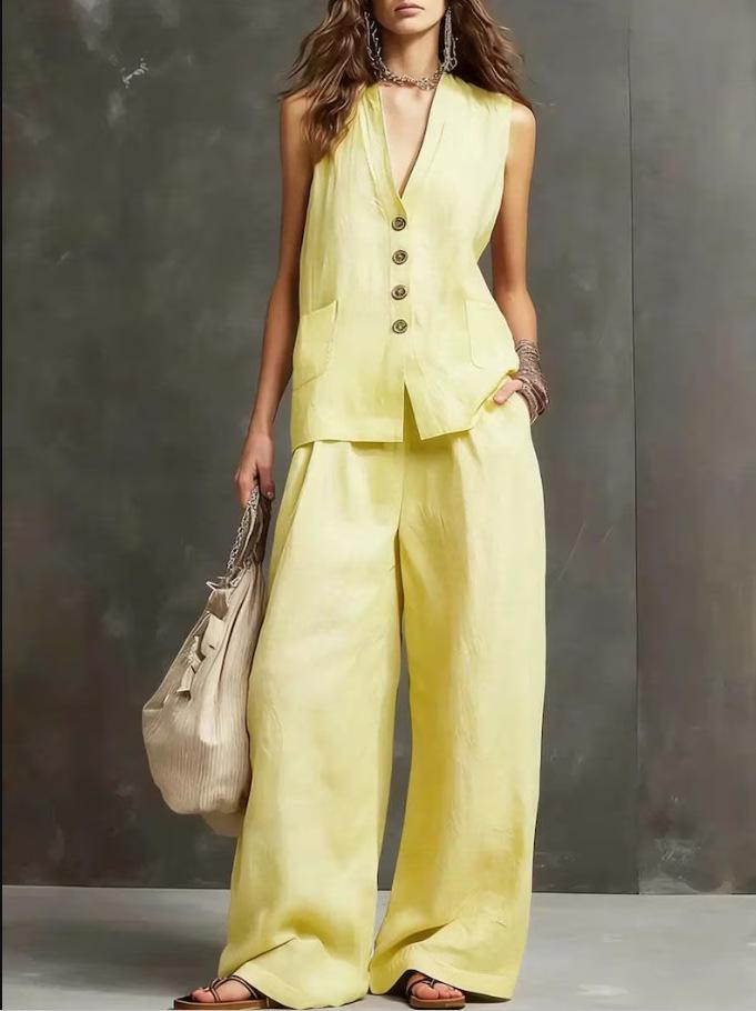 Women Sleeveless V Neck Button Up Vest And Wide Leg Pants Set Casual Loose Fit Linen Blend Two Piece Outfit