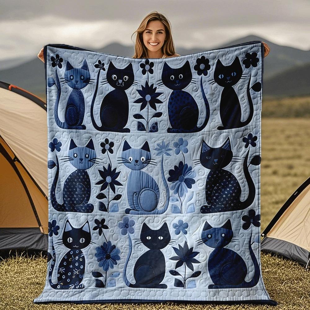

Cute Blue Cat Floral Pattern Quilted Blanket for Camping Travel Sofa Bed Cozy Warm Throw Blanket for Cat Lovers Home Decor Gift 30x40in