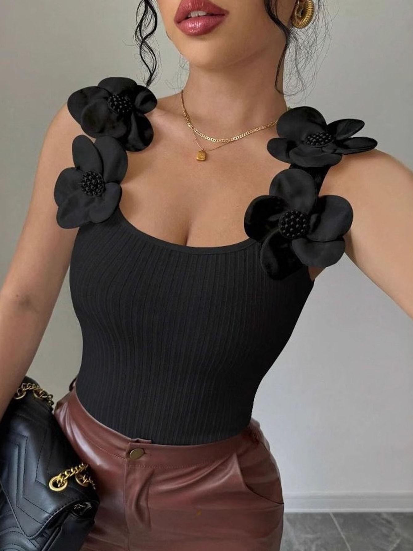 

New three-dimensional flower elegant spring and summer knitted vest XXL чорний