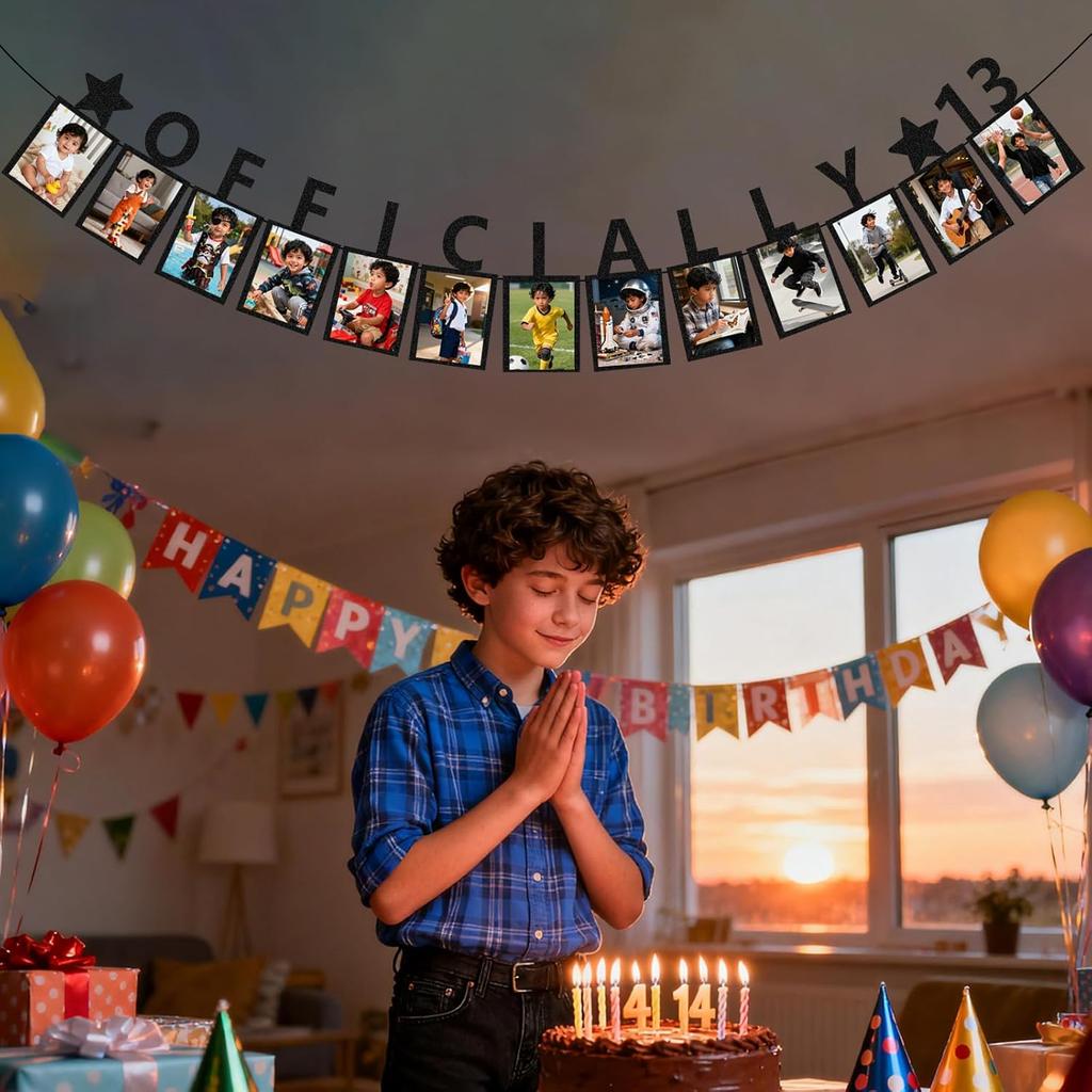 13th Birthday Party Decorations for Girls Boys Birthday Photo Banner, Teenager Banner Growth Milestone Wall Hanging with Adhesive and String for