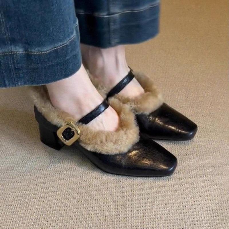 

Strap Plus Fluff Hair Shoes Women s Autumn and Winter New Block Heel Square Toe High Heels Not Tired Feet Warm Cotton Shoes 35 чёрный