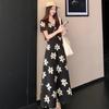 Summer French Retro Black Floral V-Neck Lace Dress with Slimming Waist and Wide Hem