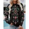 Bohemian Women's Autumn And Winter Round Neck Long Sleeved Fashions Retro Color Blocked Printed Sweatshirt Casual Top