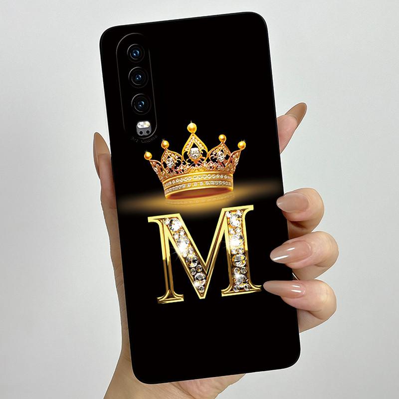 Back Cover For Huawei P30 ELE-L29 P 30 Pro VOG-L29 Crown Initial Letter Phone Case Liquid Soft Silicone Lens Protective Casing