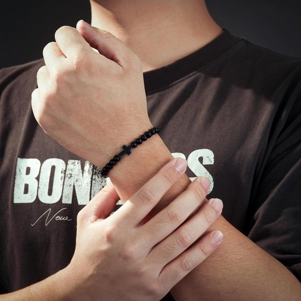 Black Onyx Stone Cross Bracelet for Men Teens Boys, Cross Jewelry Christian Gifts for Easter, Christmas, Birthday, Religious