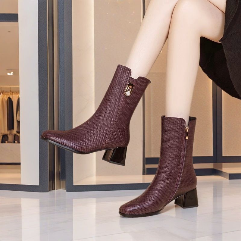 Fashion Fleece-Lined Autumn Winter Ladies Mid Calf Shoes Comfortable and Elegant Women's Half High Boots Designer Luxury Trend 2025 Boot