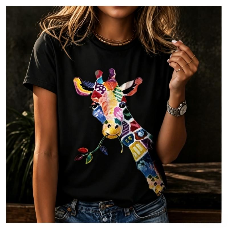 Lebendiges Giraffen Kunst T-Shirt Oberteile Skurril Spaß Einzigartig Einzigartiger Druck Buntes Design Perfekt Tierliebhaber Lässig Bequem T-Shirt