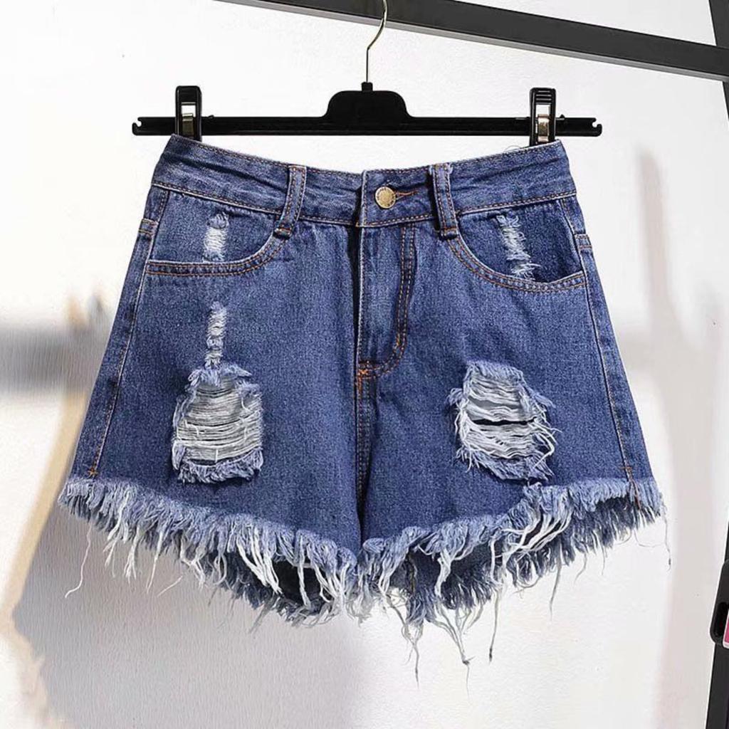 Large Size Denim Edge Shorts Women Summer High Waisted Loose Hole Breaking Super Shorts