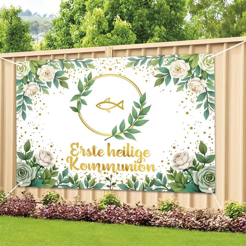Erste heilige Kommunion Tapestry, First Holy Communion Backdrop with Gold Fish, Religious Party Decor